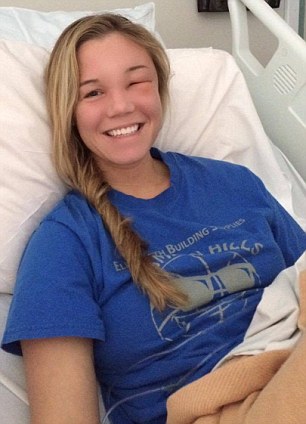 Sarah suffered a very severe and very rare brain infection as a result of her first surgery, making her eye swell up (pictured). It meant she would need another and had to miss her finals