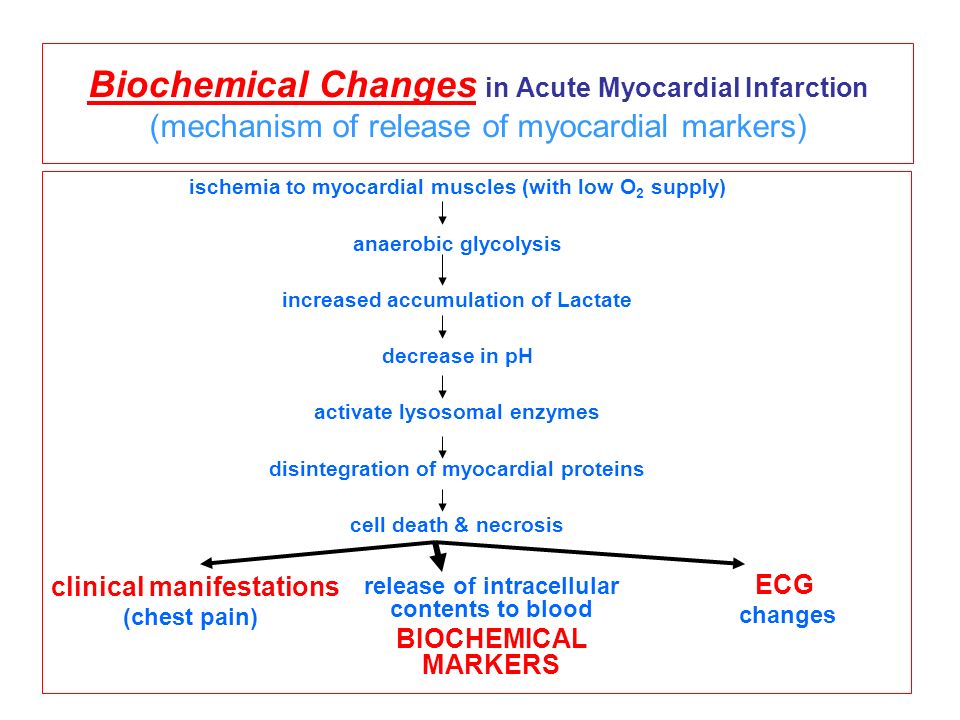 Biochemical Changes in Acute Myocardial Infarction (mechanism of release of myocardial markers) ischemia to myocardial muscles (with low O 2 supply) anaerobic glycolysis increased accumulation of Lactate decrease in pH activate lysosomal enzymes disintegration of myocardial proteins cell death & necrosis release of intracellular contents to blood BIOCHEMICAL MARKERS clinical manifestations (chest pain) ECG changes